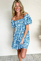 Blue Floral Puff Sleeve Babydoll Mini Dress - Femstylo