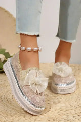White Sequin Bow Thick Sole Casual Shoes - Femstylo