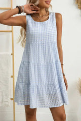 Light Blue Gingham High Waist Sleeveless Mini Dress - Femstylo