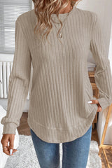 Ribbed Texture Round Neck Long Sleeve Rounded Hem Top