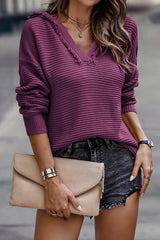 Purple Split V Neck Pullover Hooded Sweater