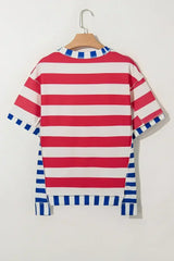 Red Stripe Loose Casual Color Block T Shirt - Femstylo