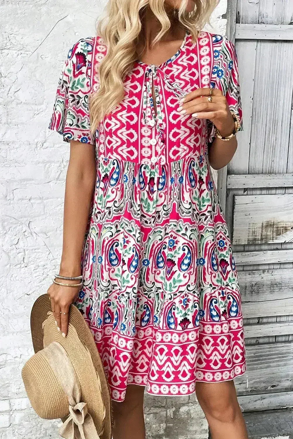 Pink Bohemian Tie Neck Flounce Sleeve Ruffle Hem Mini Dress - Femstylo