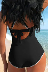 Rose Red Ric Rac Trim Colorblock Cutout One Piece Swimsuit - Femstylo