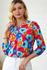Floral Print V Neck Blouse - 3/4 Sleeve & Non-Stretch | Femstylo - Femstylo