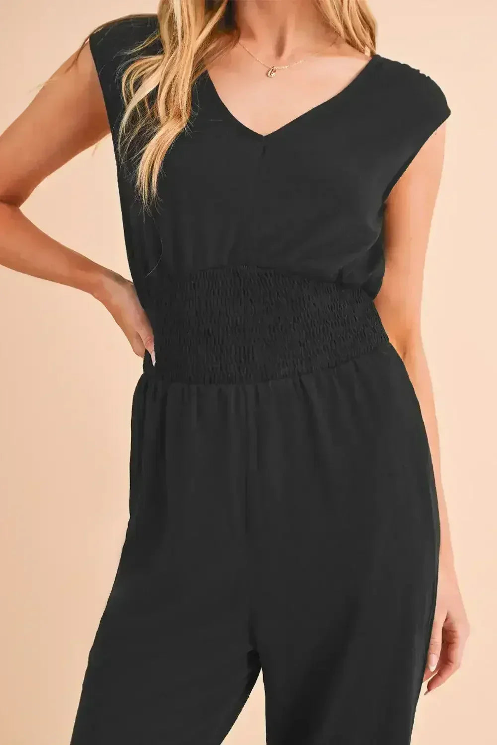 Black Shirred High Waist V Neck Sleeveless Jumpsuit - Femstylo