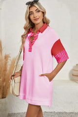 White Stripe Colorblock Sleeve Collared Pop of Color Neckline Dress