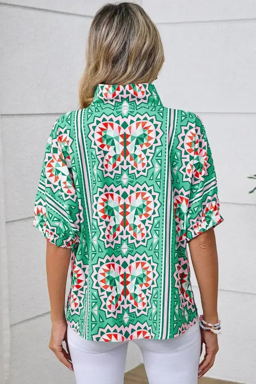 Sea Green Boho Geometric Print Color Neckline Blouse | Femstylo - Femstylo