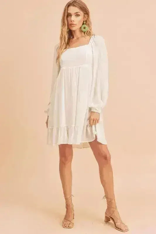 Aemi + Co Ruffled Hem Square Neck Balloon Sleeve Mini Dress - Femstylo