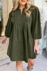 Moss Green Split Neck Scallop Detail Pleated Corduroy Mini Dress