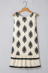 Beige Geometric Printed Sleeveless Hollowed Bowknot Back Mini Dress - Femstylo