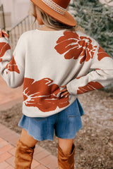 Beige Flower Pattern Drop Sleeve Baggy Sweater