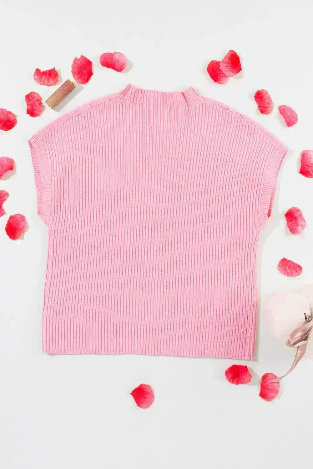 Mineral Red Patch Pocket Ribbed Knit Short Sleeve Sweater - Femstylo