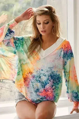 BiBi Tie Dye Soft Knit Jersey V-Neck Top | Femstylo - Femstylo