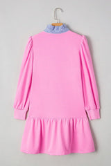 Pink Striped Collar Long Sleeve Ruffle Hem Dress