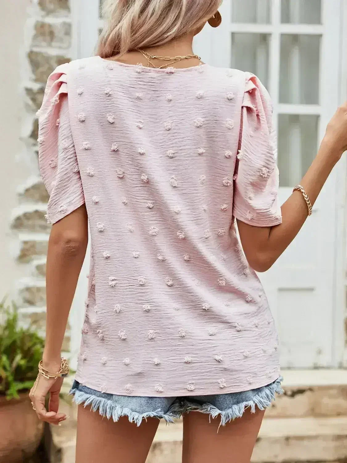Blush Pink Swiss Dot Short Puff Sleeve Top | Femstylo - Femstylo