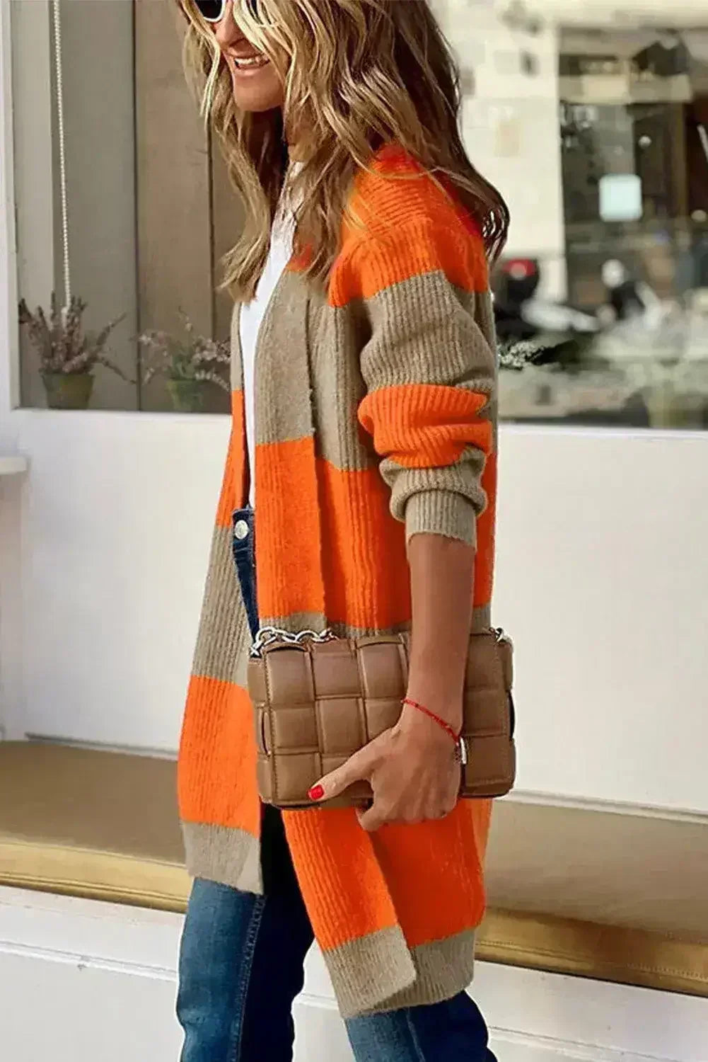 Orange Colorblock Ribbed Knit Cardigan - Femstylo