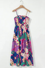 Purple Floral Print Shirred Spaghetti Strap Loose Maxi Dress - Femstylo
