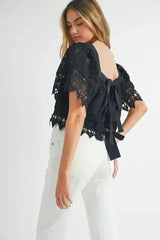 MABLE Square Neck Crochet Lace Top With Double Bow Tie - Femstylo