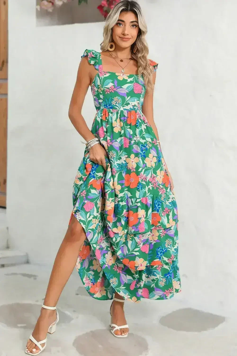 Green Boho Floral Print Ruffle Sleeveless Tiered Maxi Dress - Femstylo