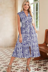 Dirty Blue Floral Print Smocked Waist Sleeveless Dress - Femstylo