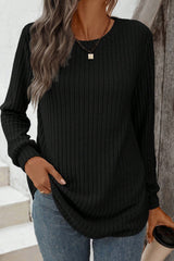 Black Ribbed Texture Round Neck Long Sleeve Rounded Hem Top