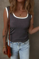 Smoke Gray Ribbed Knit Contrast Edge U Neck Slim Fit Tank Top - Femstylo