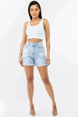 American Bazi High Waist Distressed Raw Hem Denim Shorts - Femstylo