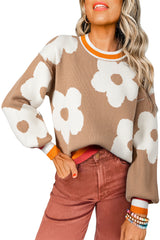 Smoke Gray Big Flower Pattern Contrast Striped Baggy Sweater