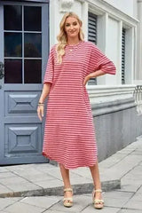 Lovelet Contrast Striped Half Sleeve Midi Tee Dress - Femstylo