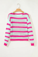 Green Striped Round Neck Colorblock Knit Sweater