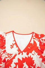 Red Floral Print Trimmed V Neck Ruffle Sleeve Maxi Dress - Femstylo