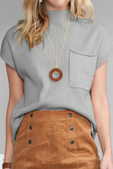 Mineral Red Patch Pocket Ribbed Knit Short Sleeve Sweater - Femstylo