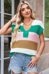 Multicolour Colorblock Notch V Neck Knit T Shirt