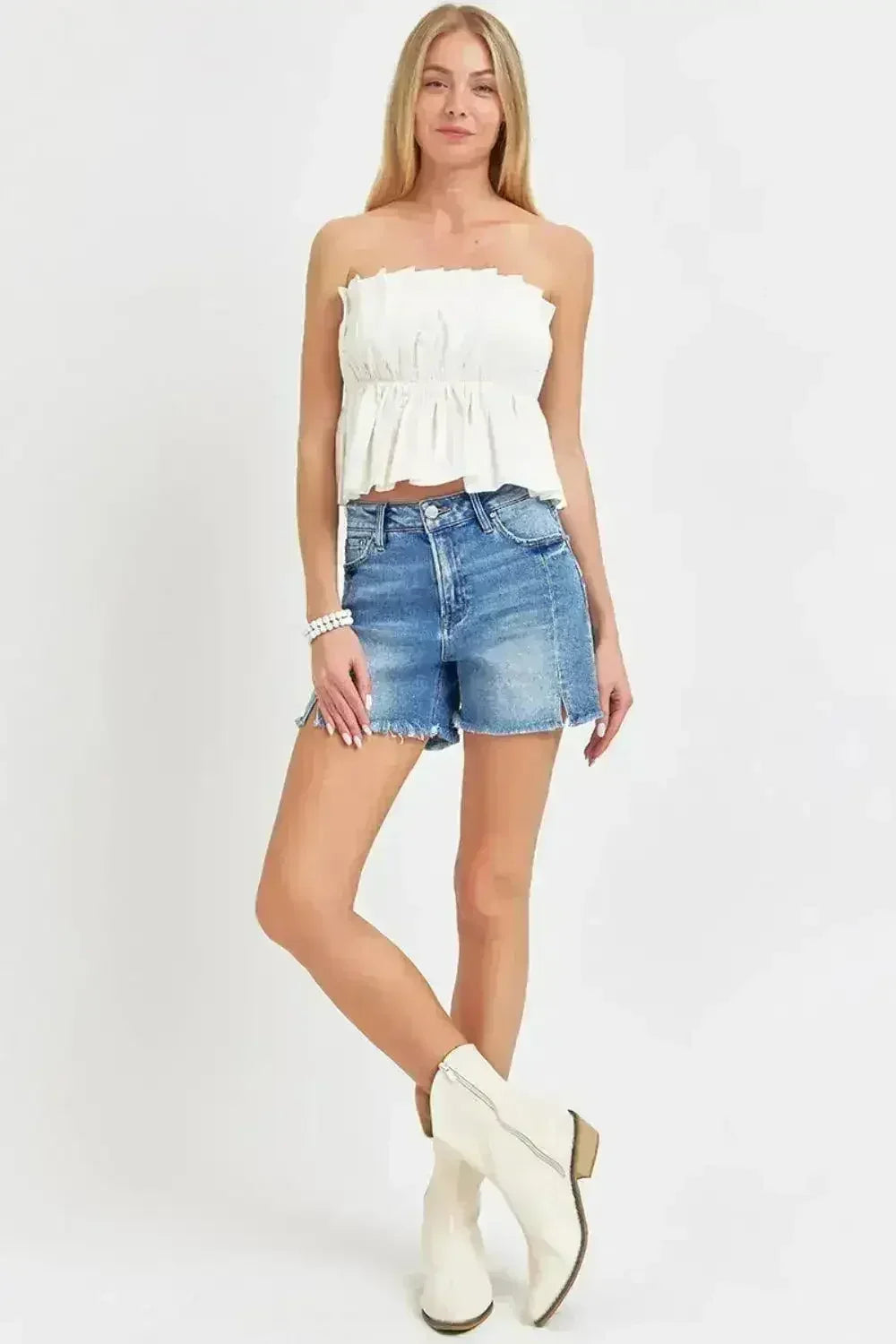 RISEN Front Slit Raw Hem Denim Shorts - Femstylo