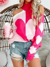 Valentine's Day Heart Turtleneck Cold Shoulder Sweater - Femstylo