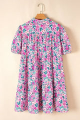 Pink Plus Size Floral Half Button Puff Sleeve A Line Dress - Femstylo