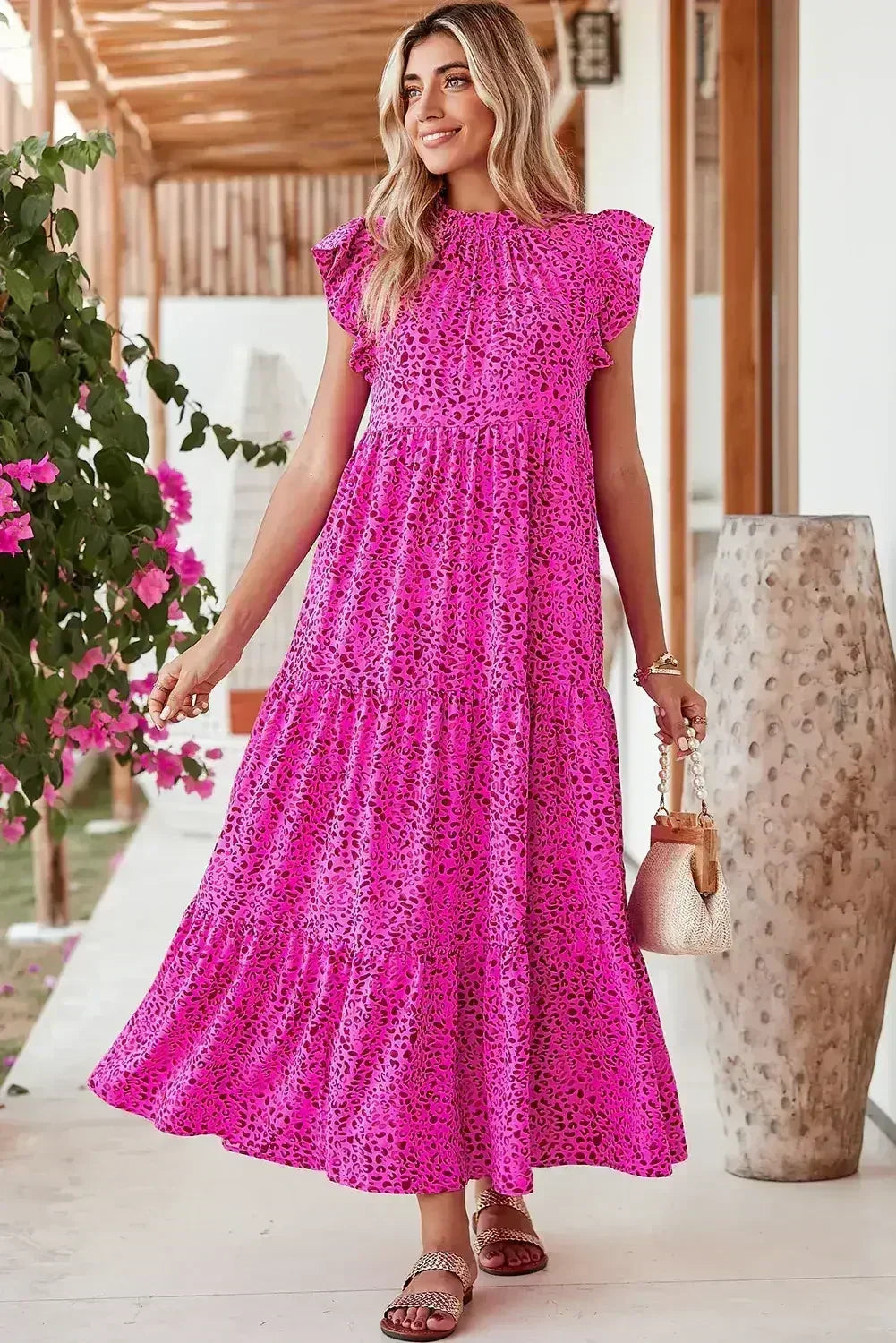 Rose Red Leopard Print Ruffle Sleeveless Maxi Dress - Femstylo