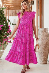 Rose Red Leopard Print Ruffle Sleeveless Maxi Dress - Femstylo