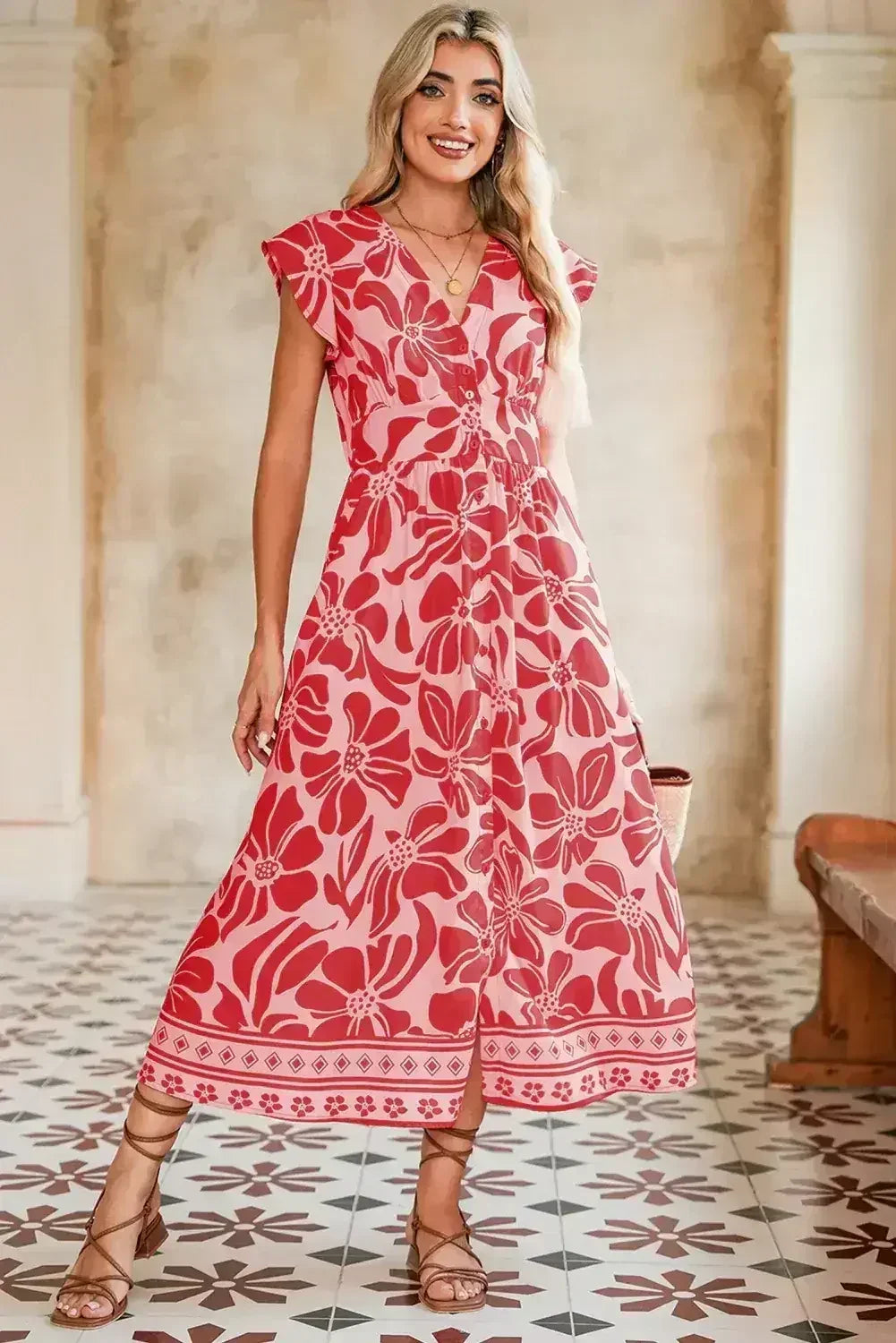 Red Boho Floral V-Neck Ruffle Shoulder Maxi Dress - Femstylo