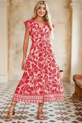 Red Boho Floral V-Neck Ruffle Shoulder Maxi Dress - Femstylo