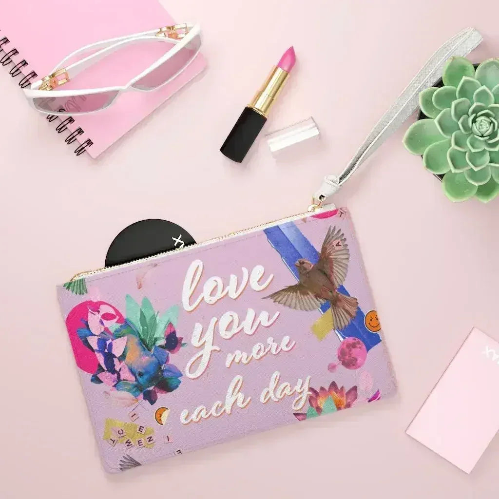 Love You More Each Day Floral Designed Zipped Clutch Bag - Femstylo