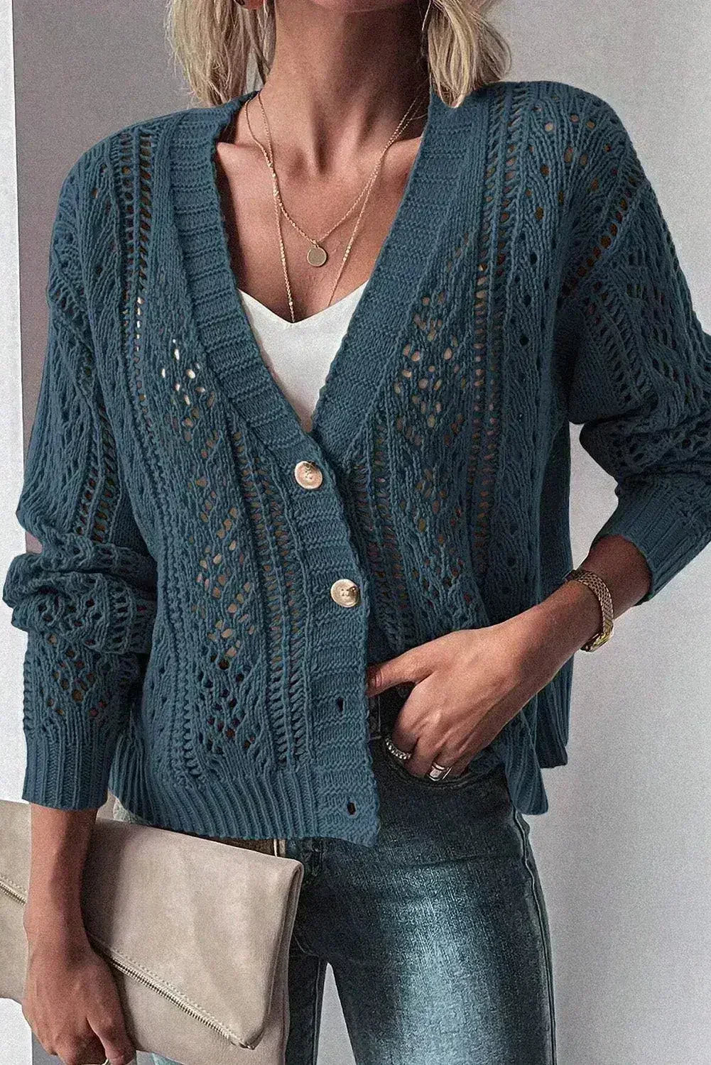 Dark Khaki Cardigan – Open Knit Drop Shoulder Sweater | Cotton-Acrylic Blend - Femstylo