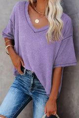 Blue Exposed Seam Drop Sleeve V Neck Waffle Textured Top - Femstylo