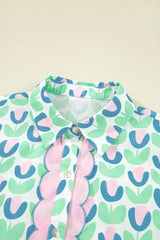 Green Floral Print Scallop Trim Pocket Mini Dress