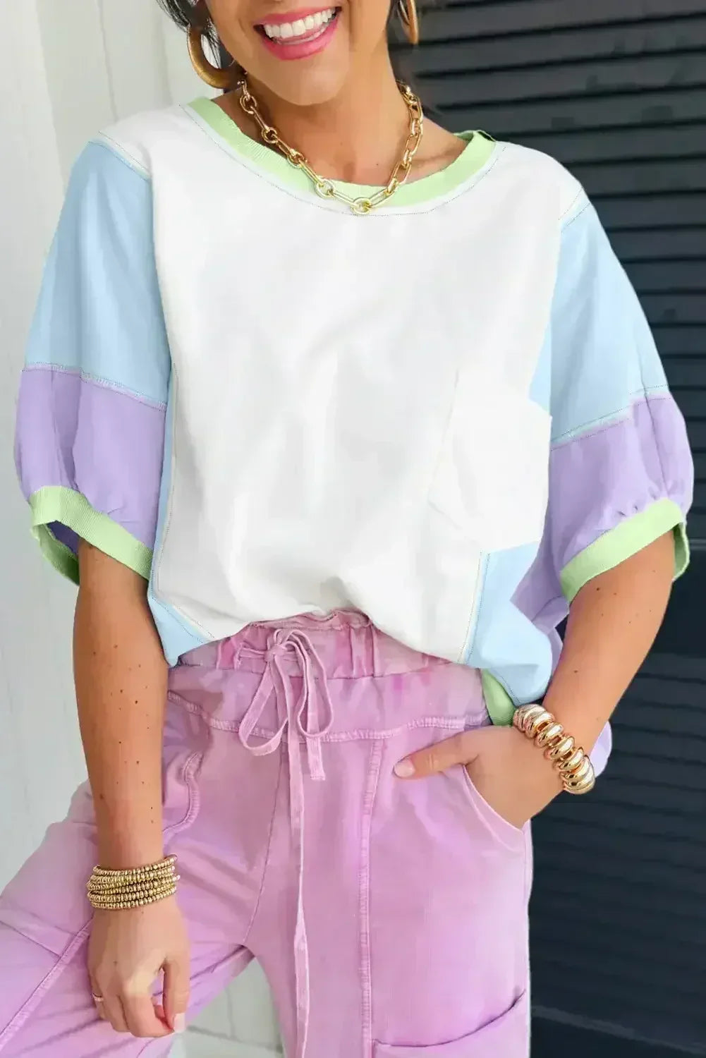 Purple Colorblock Patchwork Oversized T Shirt - Femstylo