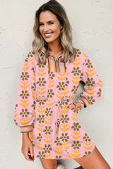 Pink Floral Print Zip Neck Striped Patchwork Long Sleeve Drawstring Dress