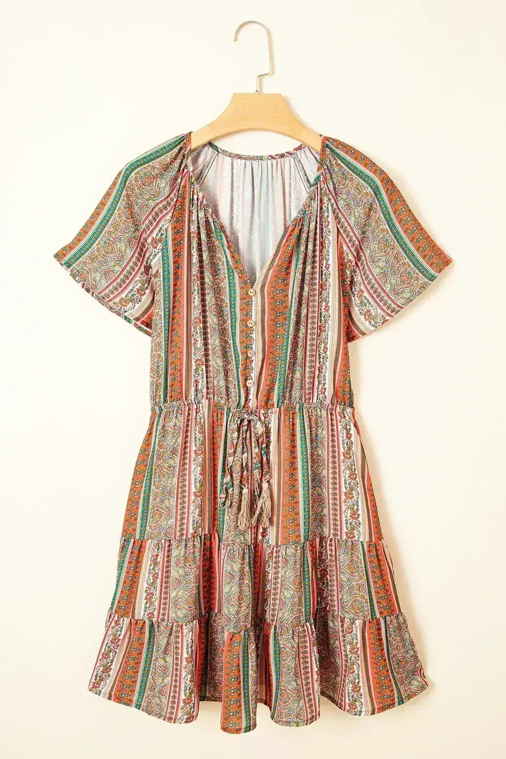 Red Bohemian Floral Print Buttoned V Neck Ruffle Tiered Dress - Femstylo