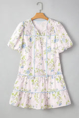 Pink Floral Striped Print Contrast Trim Tie Split Neck Mini Dress - Femstylo