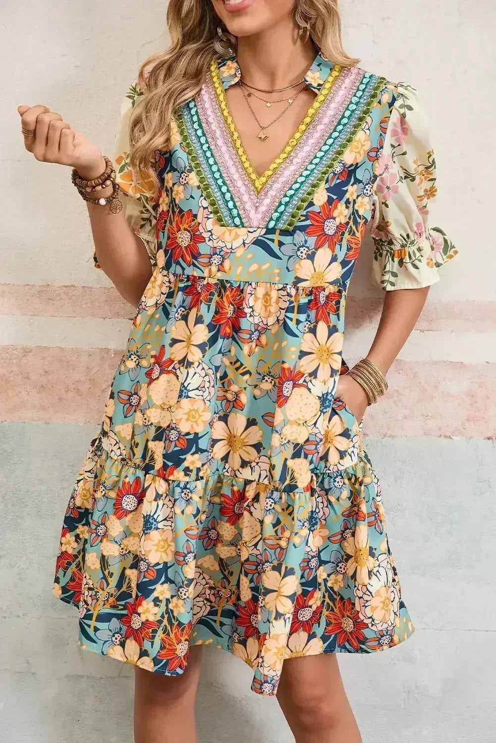 Multicolor Allover Floral Print Tiered Pop of Color Neckline Dress - Femstylo